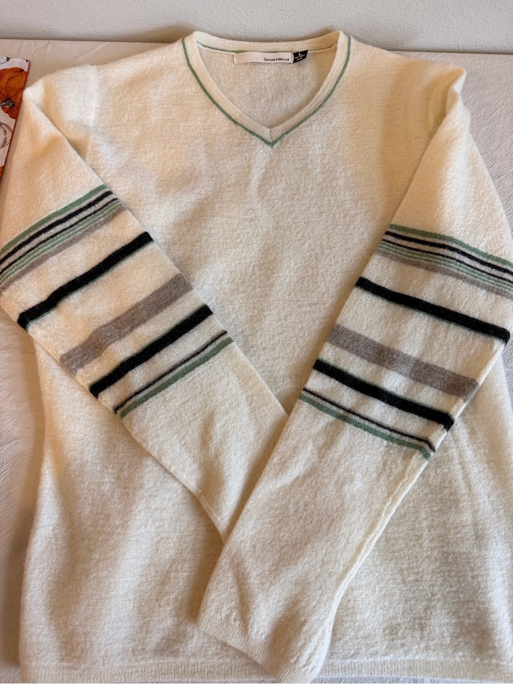 Smartwool Cream V-Neck Sweater with Green and Black Stripe Sleeves